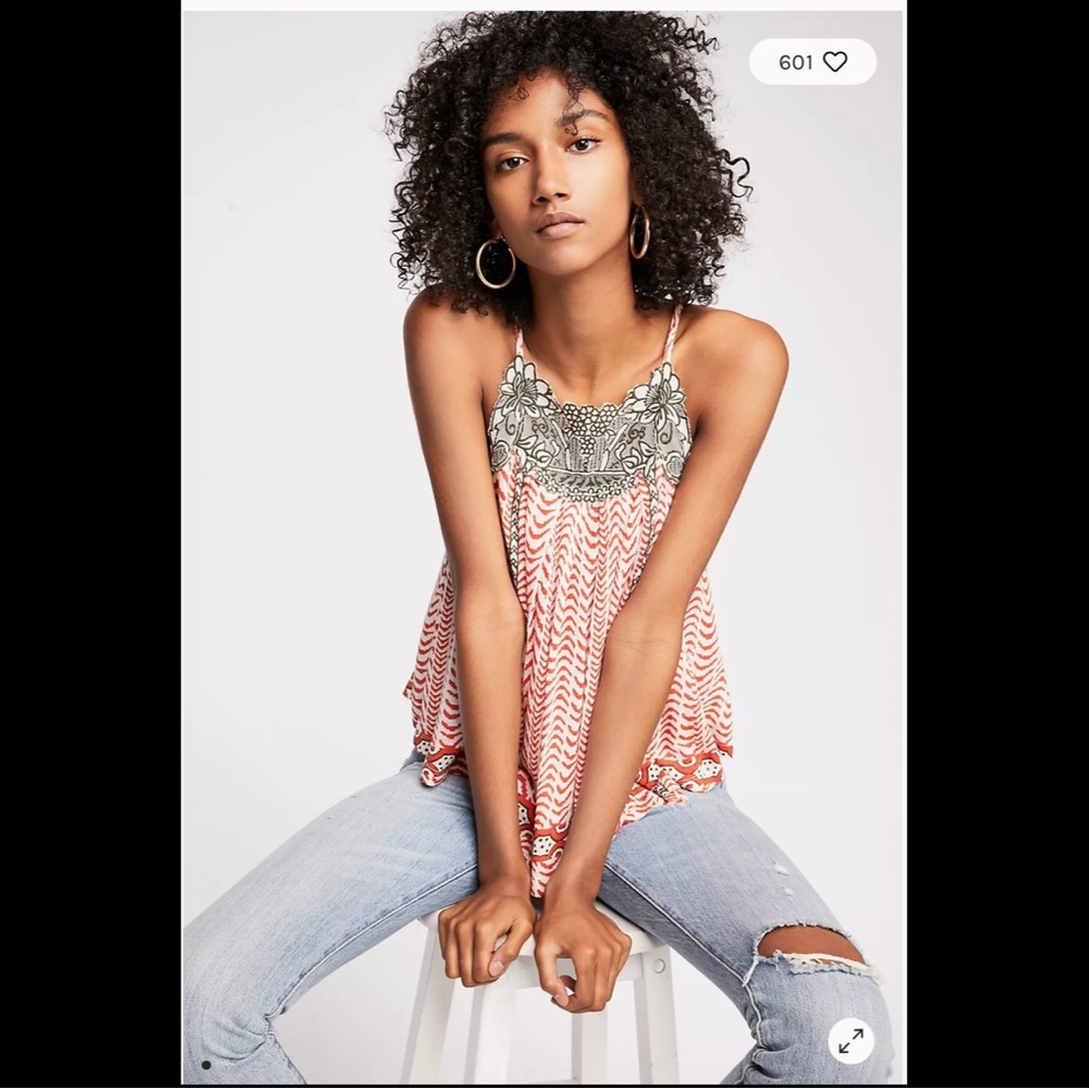FREE PEOPLE Wild At Heart Tank Top Swing Cami Tie Shoulder Linen Geo Floral Mesh